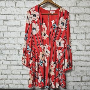 NWT Express Women's Red Floral Long Sleeve Dress Size L Wrap Style Top